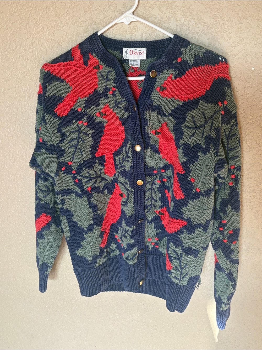 Vintage Orvis Navy Blue Cardigan Sweater with Red Cardinal Motif